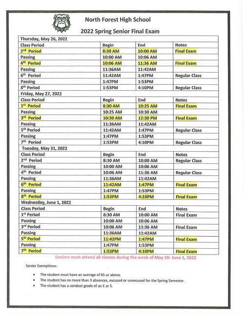 Senior Final Exam Schedule